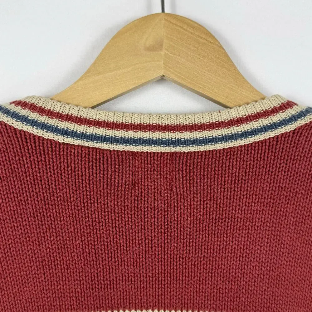 Gap Kids Vintage 80s Varsity Teams Knit Sweater Large Red Beige Blue 100% Cotton